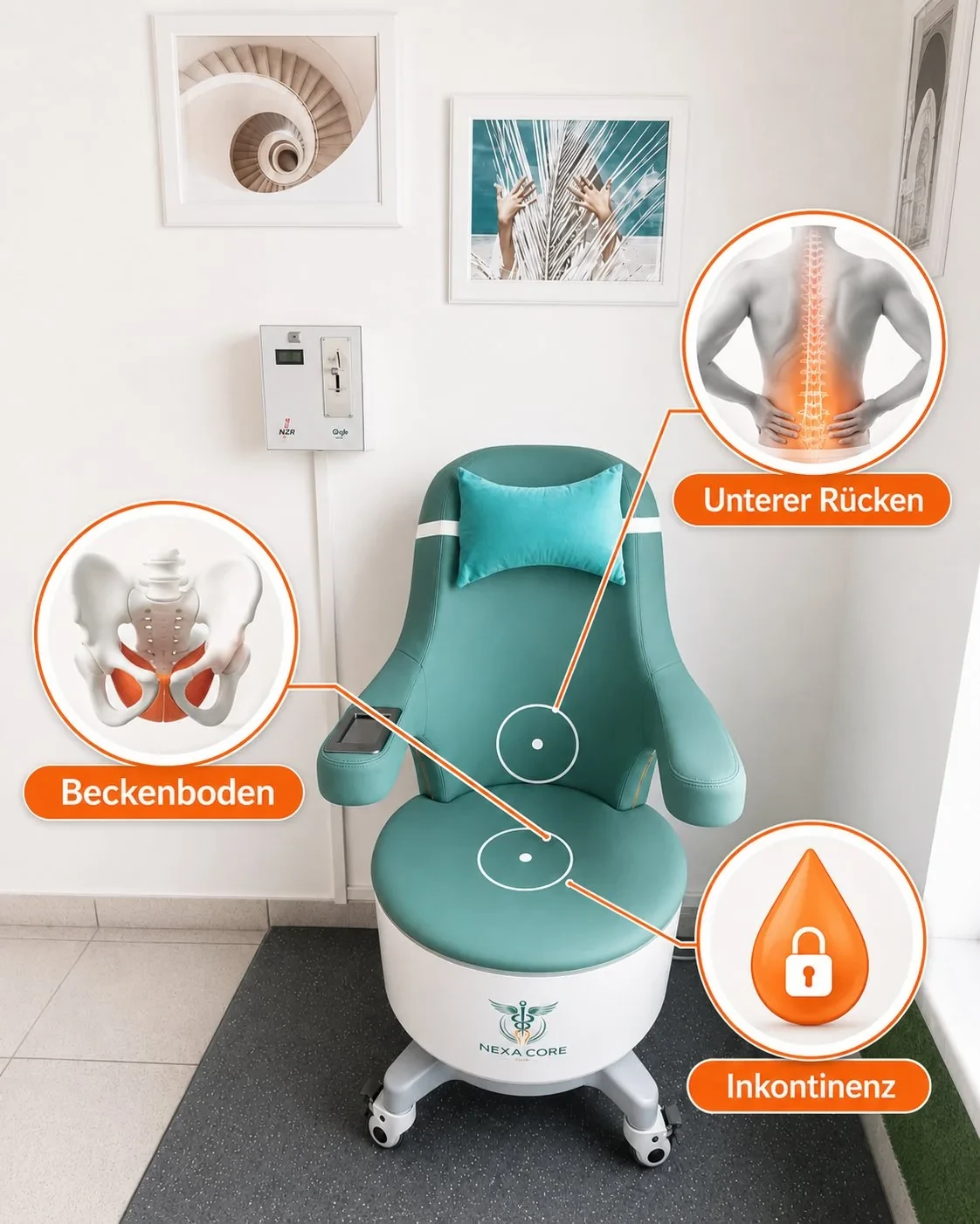 NexaCore-Stuhl im VitalPro-Studio mit Markierungen für Beckenboden und unteren Rücken