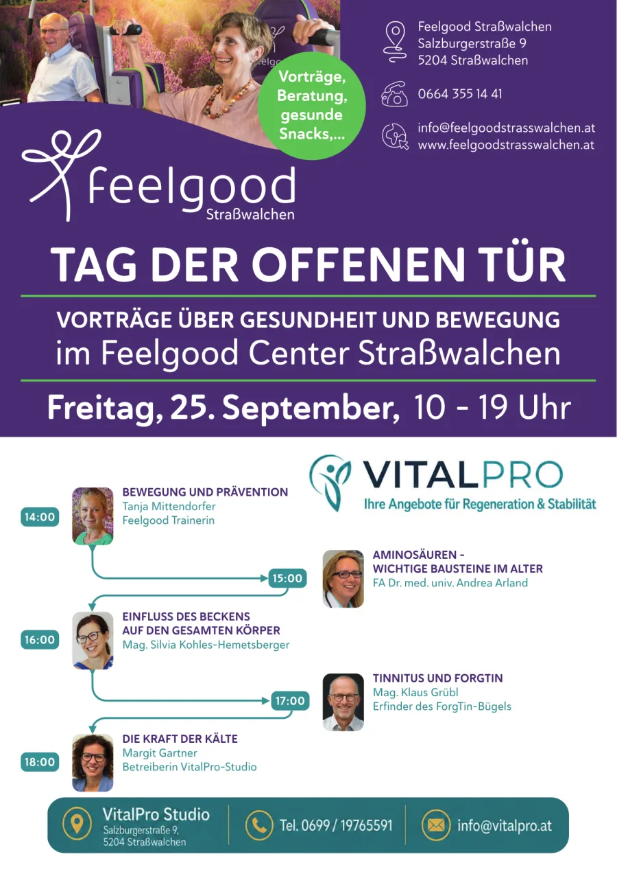 Flyer: Tag der offenen Tür im Feelgood Center Straßwalchen, Freitag, 25. September, 10 bis 19 Uhr, mit Vortragsprogramm