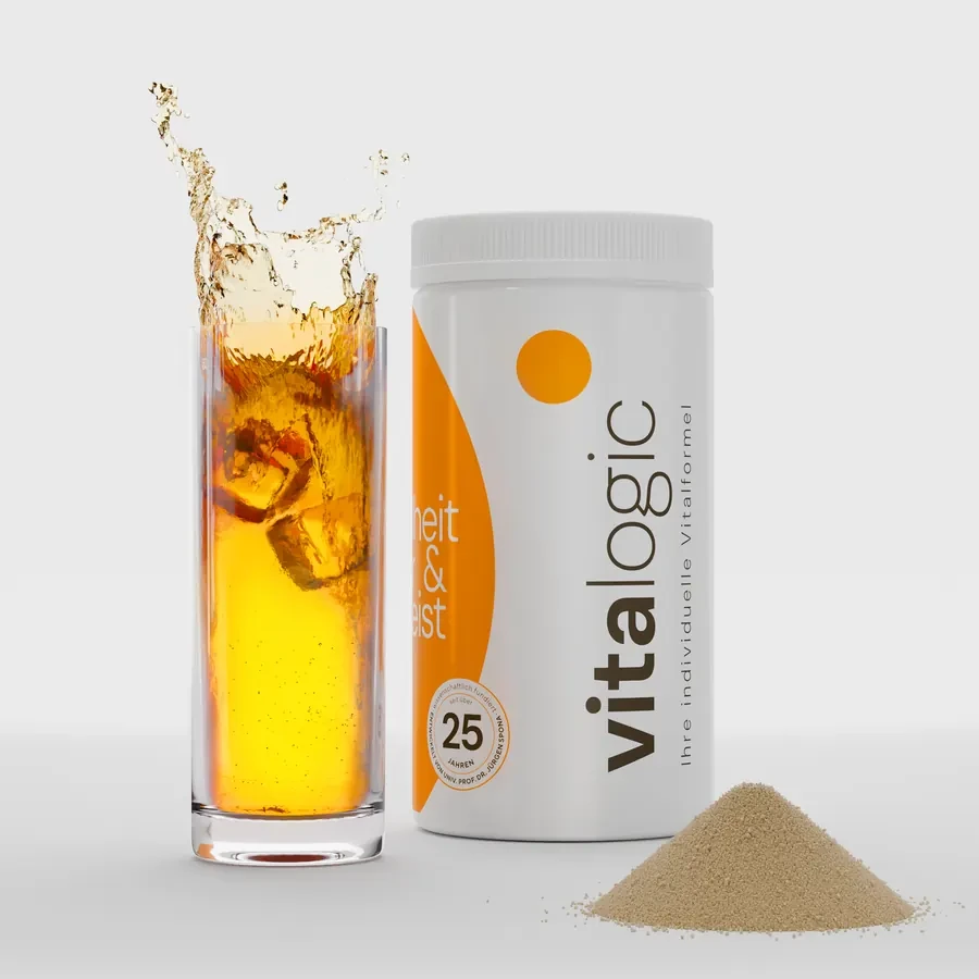 Vitalogic-Packung neben einem zubereiteten Getränk