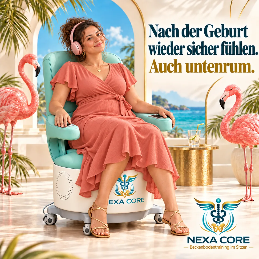 Junge Frau im korallfarbenen Kleid auf dem NexaCore-Sessel, umgeben von Flamingos