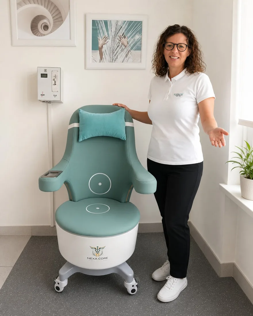 Margit Gartner begrüßt dich neben dem NexaCore-Sessel im VitalPro-Studio
