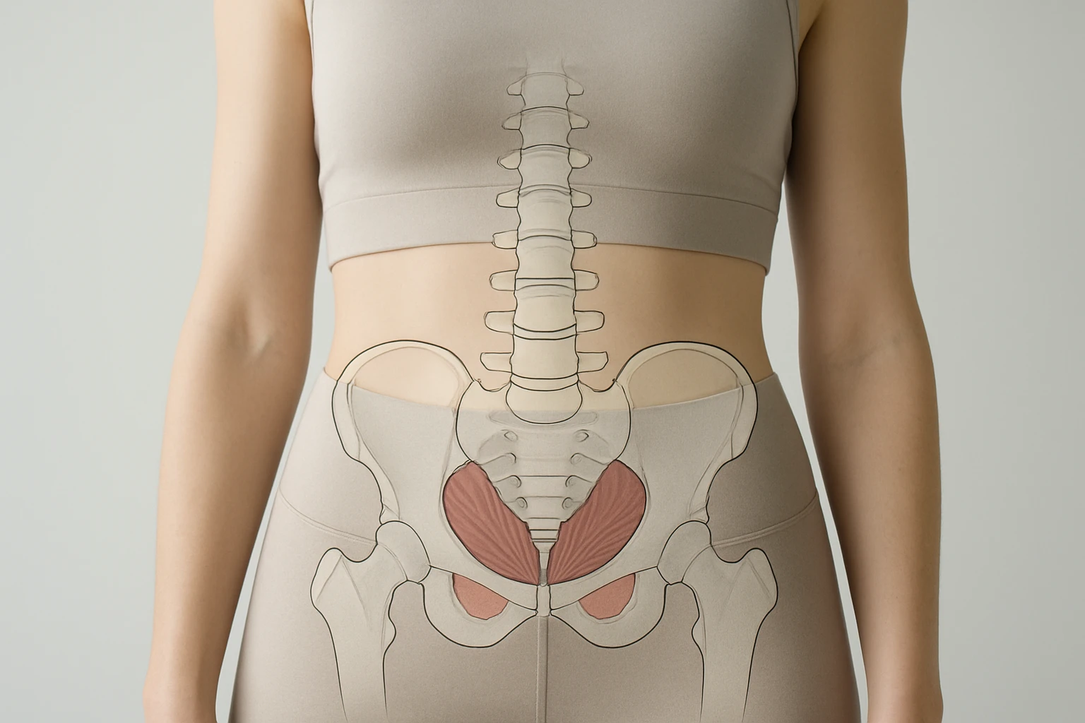 Anatomische Informationsaufnahme: halbnahes Foto eines torsos in enganliegender, neutraler Sportbekleidung (Farbe beige oder grau) mit halbtransparenter, stilvoller anatomischer &Uuml;berlagerung, die Beckenbodenmuskulatur und Wirbels&auml;ule schematisch andeutet (nicht grafisch, kein Inneres offen dargestellt), sachlich-aufkl&auml;rend, klare Linien, dezente Farben, hohe Detailgenauigkeit, sauberes Editorial-Licht, realistisch.