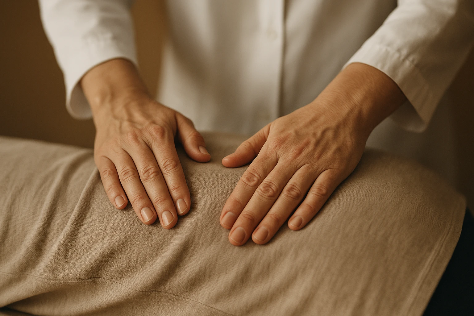 Detailaufnahme H&auml;nde am unteren R&uuml;cken: Nahaufnahme der H&auml;nde einer Therapeutin / eines Therapeuten, die behutsam auf den &auml;u&szlig;eren Bereich des unteren R&uuml;ckens bzw. Kreuzbeins zeigen (&uuml;ber der Kleidung, nicht invasiv), Fokus auf Ber&uuml;hrung und Anleitung, nat&uuml;rliche Hautdetails, warmer Lichtton, geringe Tiefensch&auml;rfe, professionell, vertrauensw&uuml;rdig, fotorealistisch.