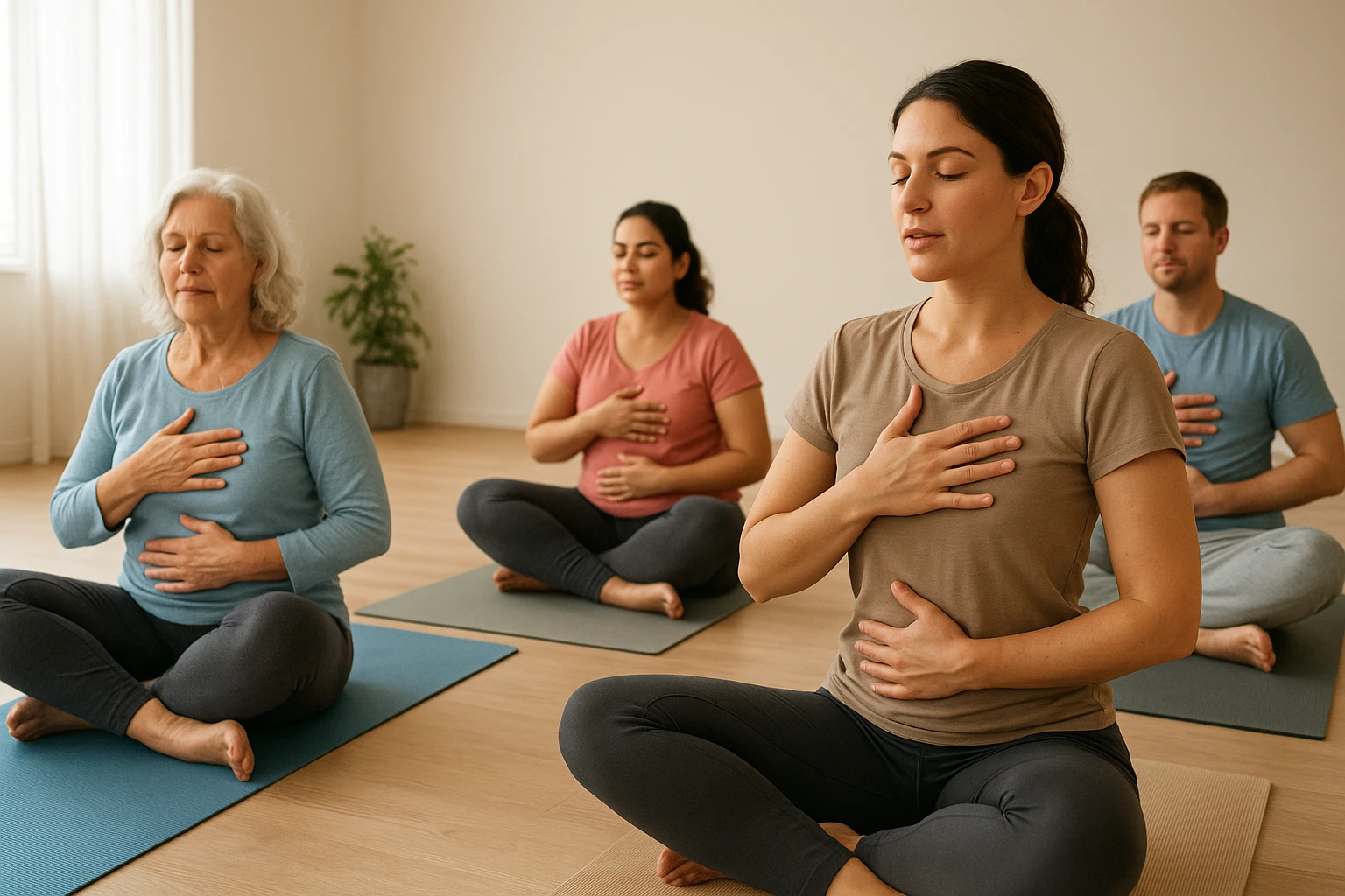 Kleine Gruppe beim Kurs: inklusive Gruppe (verschiedene Altersgruppen und K&ouml;rperformen) bei einer sanften Pilates/Yoga-Einheit, Lehrende demonstriert Atem- und Wahrnehmungs&uuml;bungen f&uuml;r Beckenboden und R&uuml;cken, freundliche Studioatmosph&auml;re, weiches diffuses Licht, harmonische Farbpalette, 24&ndash;35mm Weitwinkel, realistisch, dokumentarischer Stil.