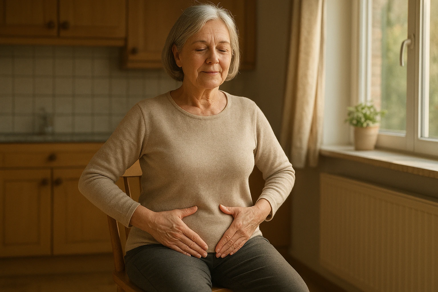 Alltags&uuml;bung auf dem Stuhl: &auml;ltere Frau sitzt auf einem K&uuml;chenstuhl, macht langsame Becken-Kipp-Bewegungen und trainiert Beckenboden-Ansteuerung mit H&auml;nden auf dem Kreuzbein, heimische, gem&uuml;tliche Umgebung, warmes Morgenlicht durch Fenster, entspannte Mimik, realistische Texturen, nat&uuml;rliche Farbtemperatur, 50mm, editorial style.