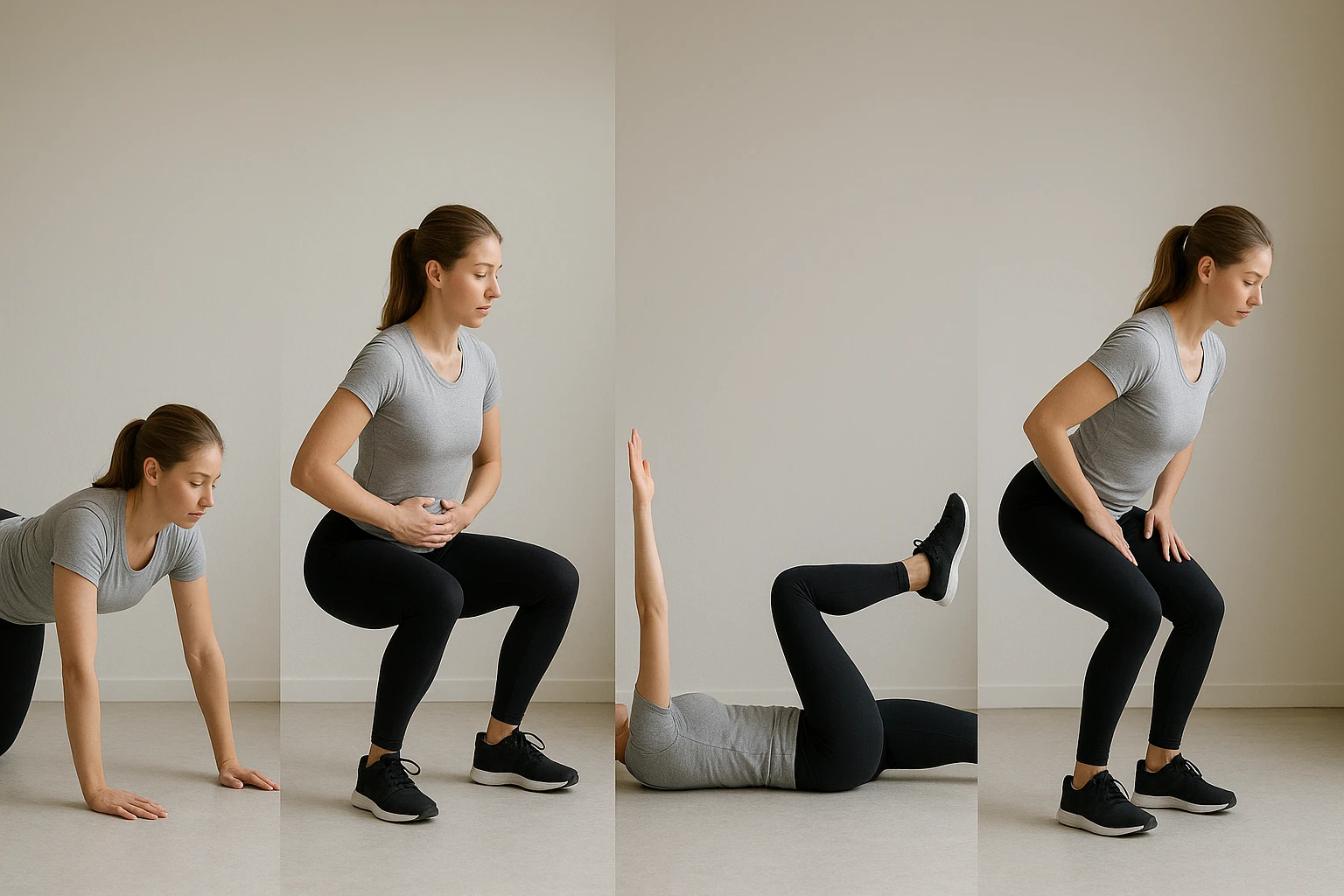 &Uuml;bungsfolge-Collage: Saubere Serie von 4 nebeneinanderstehenden Fotos (Bird-Dog, Kniebeuge mit Atemfokus, Dead Bug, H&uuml;fthinge) die zeigen, wie Beckenboden- und R&uuml;ckentraining zusammenwirken; Studiohintergrund, neutrale Farben, nat&uuml;rliches Licht, klare Schritt-f&uuml;r-Schritt-Komposition, hoher Realismus.