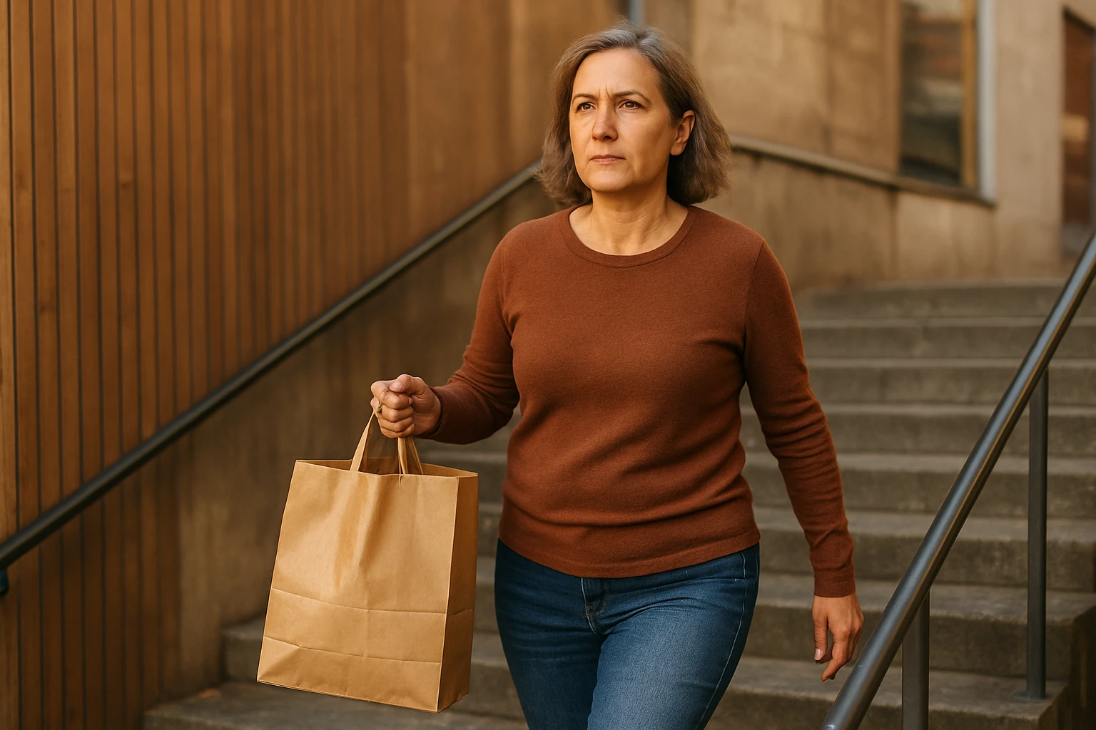 Alltagskraft: Frau (50&ndash;65 Jahre) hebt fokussiert eine Einkaufstasche die Treppe hinauf, aufrecht, kraftvolle K&ouml;rperhaltung, selbstbewusster Blick. Nat&uuml;rliches Au&szlig;enlicht, realistische stadtnahe Umgebung, warme Farbtemperatur, Beton- und Holzt&ouml;ne, ehrliche, nicht gestellte Szene.