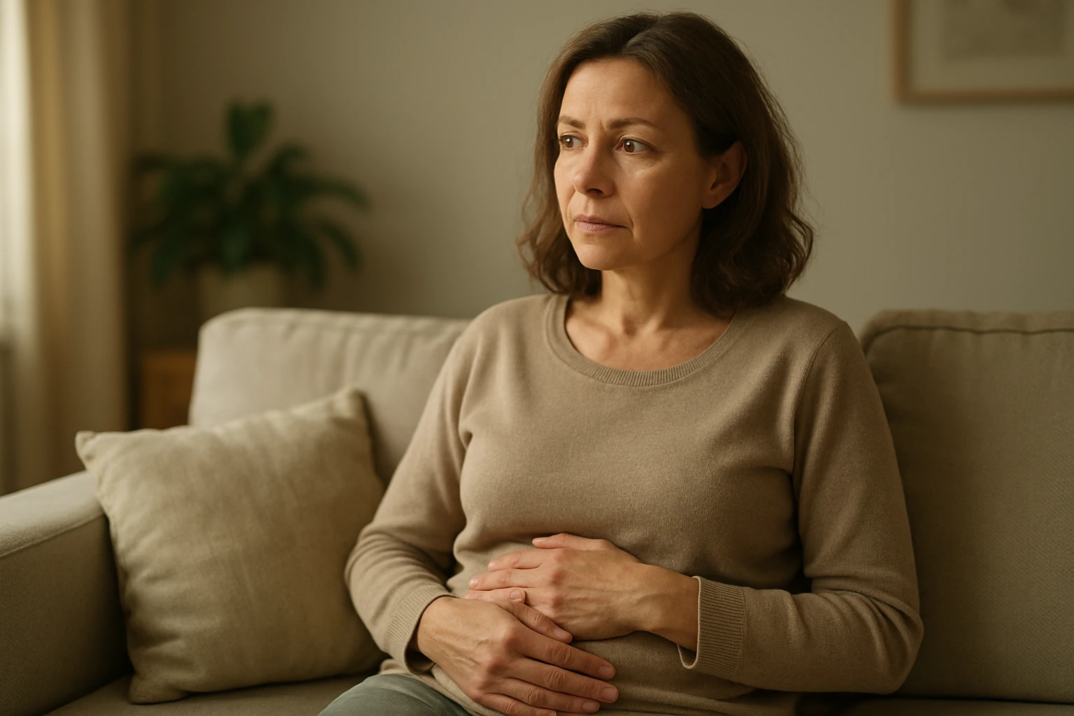 Titelbild: Eine nat&uuml;rliche, realistische Szene einer Frau (40&ndash;55 Jahre) sitzt auf einem hellen Sofa, H&auml;nde sanft auf dem Unterbauch, nachdenklicher, aber hoffnungsvoller Ausdruck. Warme Tageslichtstimmung, weiche Schatten, dezente Farbpalette (Beiget&ouml;ne, sanftes Gr&uuml;n). Leichte Tiefenunsch&auml;rfe, 50mm, nat&uuml;rliche K&ouml;rperhaltung, authentisches Zuhause-Interieur.