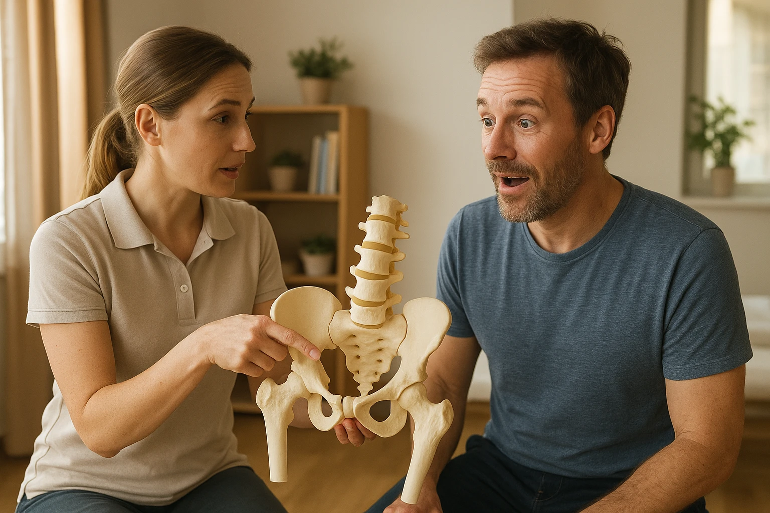 Physiotherapeut erkl&auml;rt einem Patienten anhand eines 3D-Beckenmodells die Verbindung zwischen Beckenboden und R&uuml;cken. Patient schaut &uuml;berrascht und erleichtert, Praxisumgebung realistisch eingerichtet, warmes Tageslicht, fotorealistischer Stil, nat&uuml;rliche Farben und Texturen, hohe Detailtreue.