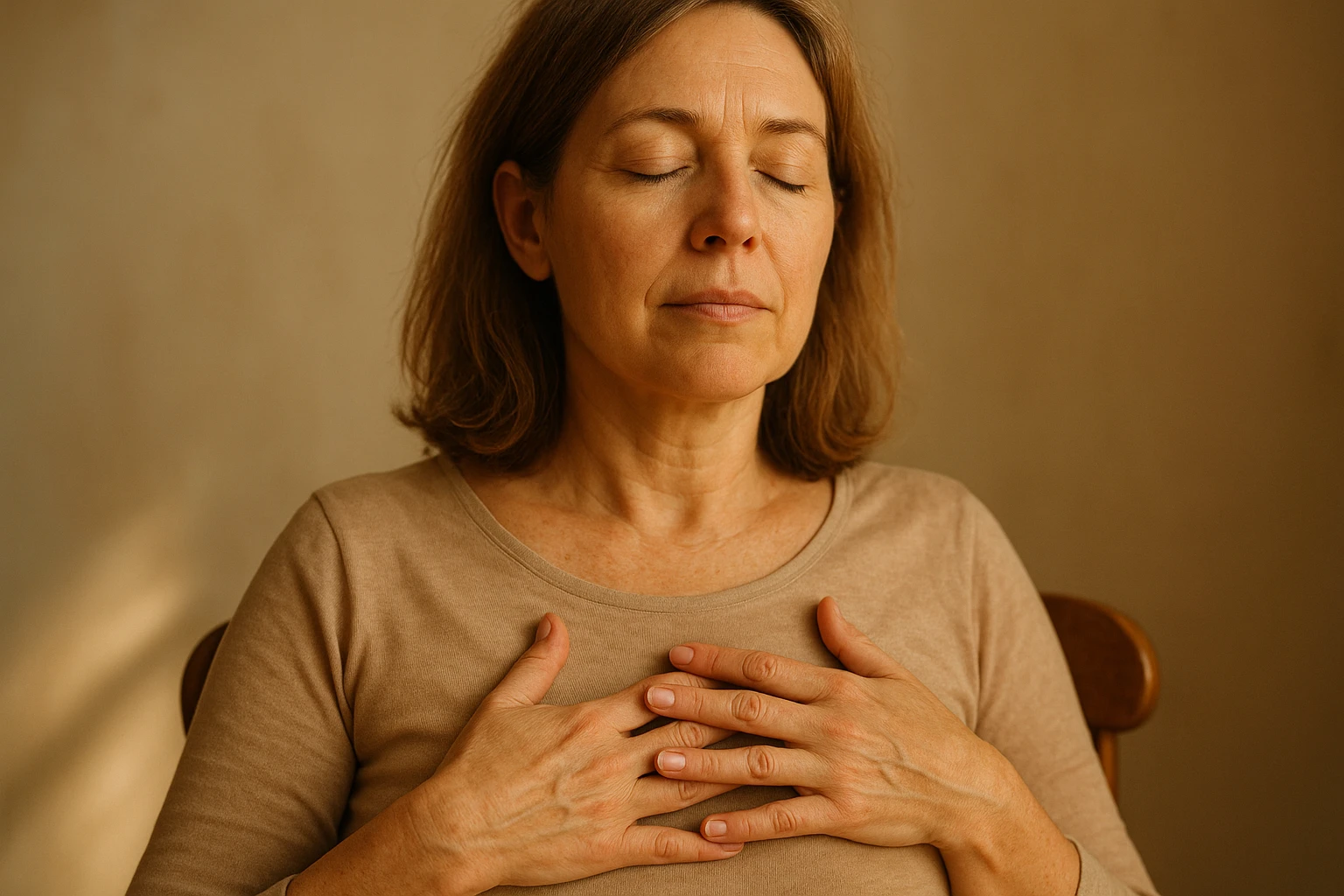 Atem- und K&ouml;rperwahrnehmung: Nahaufnahme einer Person (weiblich, 40+) sitzt auf einem Stuhl, H&auml;nde auf Rippenbogen, tief einatmend, geschlossene Augen, ruhiger Gesichtsausdruck. Sanftes Morgenlicht, weiche Schatten, warme, beruhigende Farbpalette, hohe Detailtreue im Gesicht und H&auml;nden.