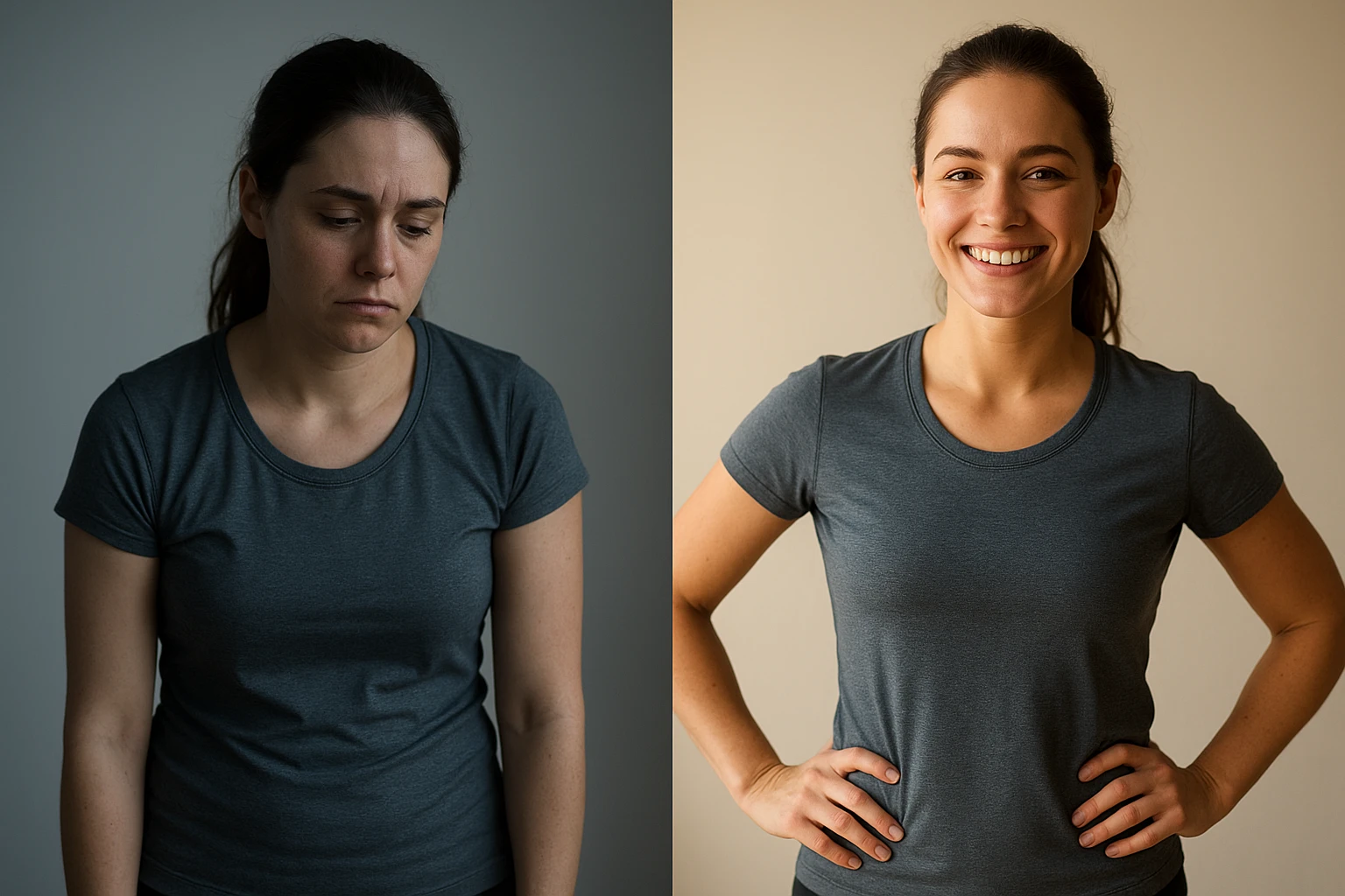 Vorher/Nachher emotional: Diptych-&auml;hnliche Darstellung als zwei separate Bilder &mdash; links: gleiche Frau mit leicht gebeugter Haltung, m&uuml;der, zur&uuml;ckgezogener Gesichtsausdruck in k&uuml;hlerer, dezenter Beleuchtung; rechts: gleiche Frau nach Trainingsroutine, aufrecht, selbstsicheres L&auml;cheln, warme Tageslichtstimmung. Gleiche Kleidung, gleiche Perspektive, realistischer, authentischer Stil.