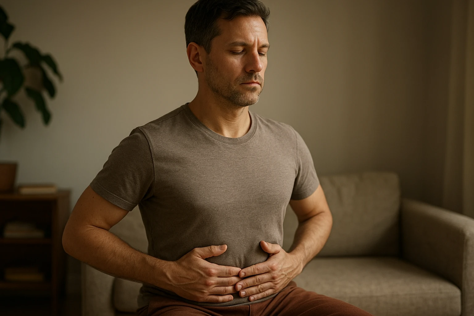 Ein realistisches, nat&uuml;rliches Nahfoto eines Erwachsenen im Alltag, der bewusst aufrecht sitzt und die tiefe Rumpfmuskulatur aktiviert, H&auml;nde locker auf den unteren Rippen und dem unteren R&uuml;cken, seri&ouml;se Gesundheits&auml;sthetik, warmes Tageslicht, dezente Hautt&ouml;ne, ruhige Umgebung, kein medizinisches Diagramm, kein Text im Bild. 