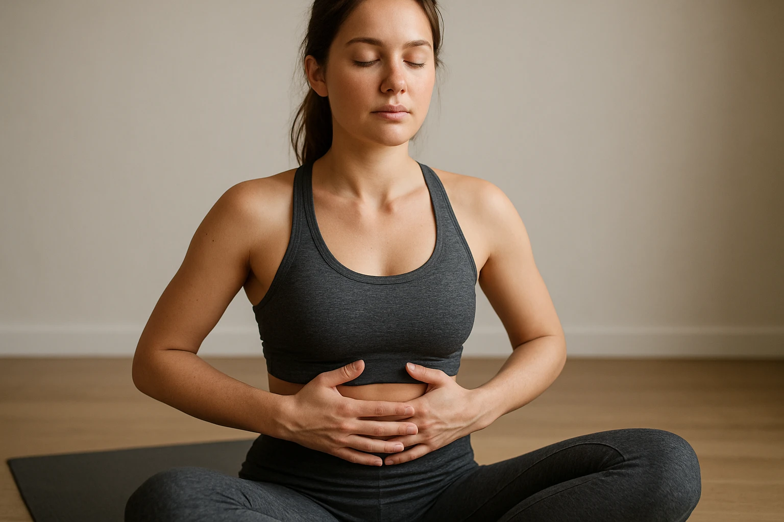 Nat&uuml;rliche, realistische Nahaufnahme einer Frau in Sportkleidung auf einer Yogamatte, H&auml;nde auf den unteren Rippen, tiefe ruhige Atmung, Fokus auf K&ouml;rperwahrnehmung und Entspannung im R&uuml;ckenbereich, dezentes Studio-Setting, angenehme neutrale Lichtstimmung, keine &Uuml;berinszenierung