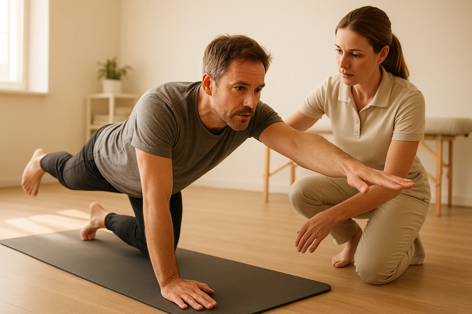 Mann Anfang 40 im hellen Physiotherapieraum macht eine R&uuml;cken&uuml;bung (Vierf&uuml;&szlig;ler-Balance / Bird-Dog) auf einer Yogamatte, eine Therapeutin beobachtet und gibt korrigierendes Feedback. Realistische Beleuchtung mit warmer Farbtemperatur, dynamische Perspektive (leicht seitlich, auf Augenh&ouml;he), nat&uuml;rliche Hautt&ouml;ne, klare Darstellung der K&ouml;rperhaltung, fotografischer Stil.