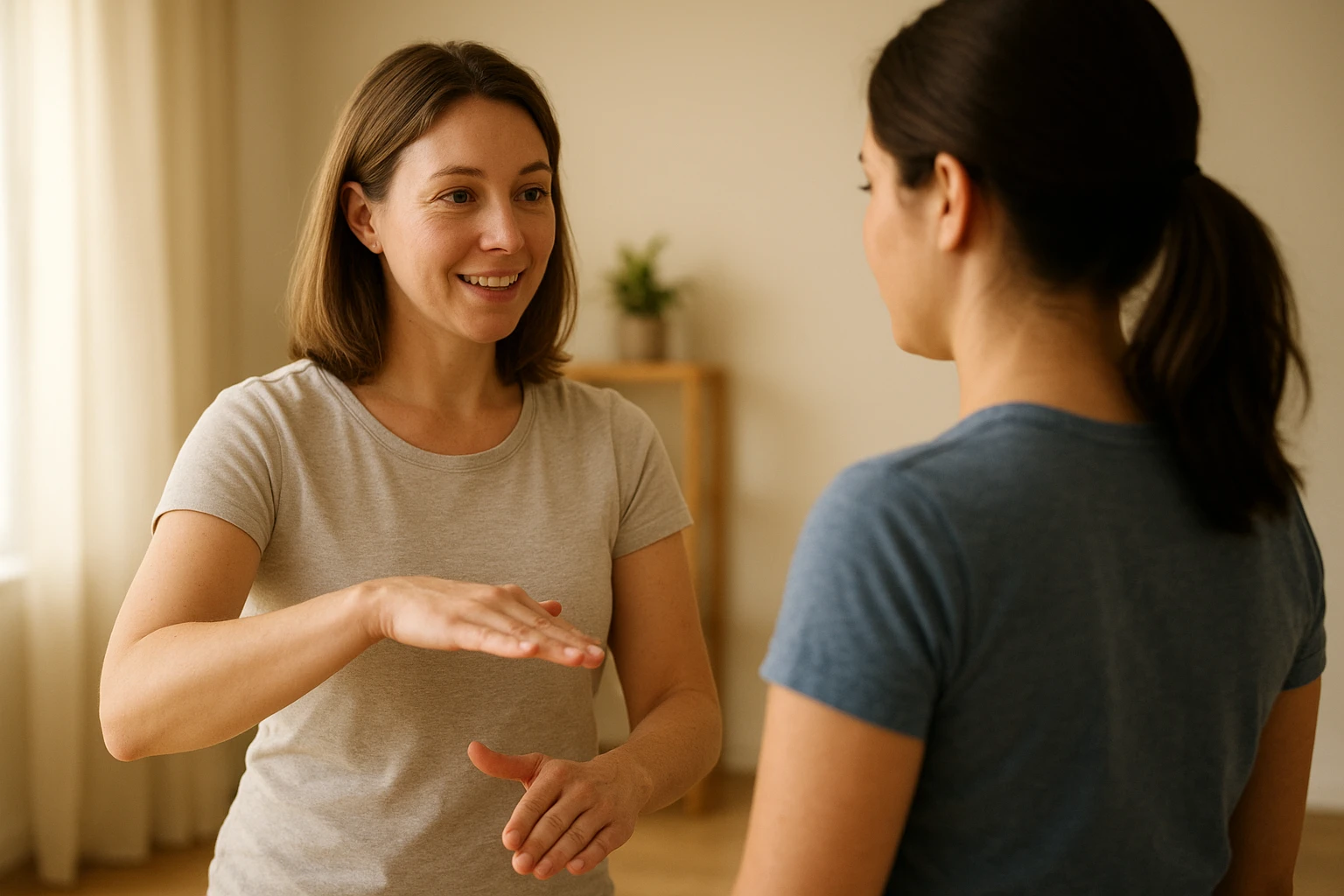 Fotorealistische Nahaufnahme einer Physiotherapeutin, die einer Patientin in einer freundlichen, professionellen Umgebung einfache Körperwahrnehmungsübungen erklärt: eine Handgeste Richtung Becken, eine Richtung unteren Rücken, um die Idee von zwei Impulsen zu verdeutlichen. Kein klinischer High-Tech-Look, sondern warmes Tageslicht, natürliche Farbstimmung, echte Emotionen, realistische Szenerie.