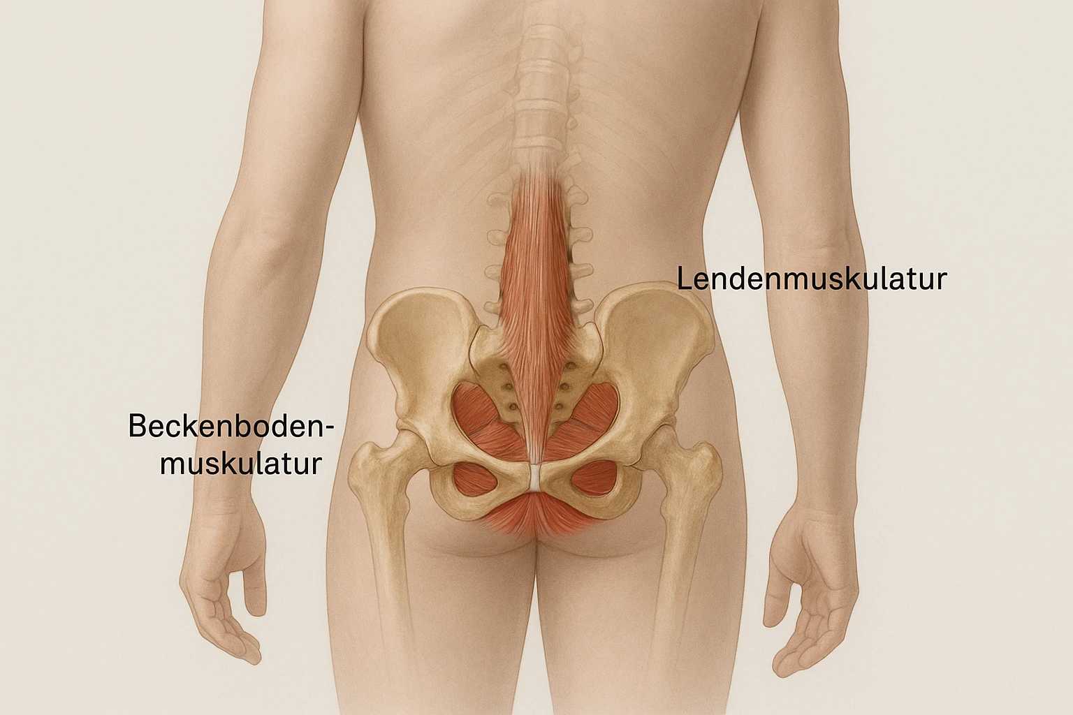 Sachlich-anschauliche halbtransparente Ansicht des Beckens und unteren R&uuml;ckens &uuml;ber einer stehenden Person: muskul&auml;re Strukturen des Beckenbodens und der Lendenmuskulatur farblich hervorgehoben und auf Deutsch beschriftet (&sbquo;Beckenbodenmuskulatur&lsquo;, &sbquo;Lendenmuskulatur&lsquo;). Neutraler Hintergrund, medizinisch-realistische Darstellung, weiche Schatten, hohe Aufl&ouml;sung, gut lesbare Beschriftungen.