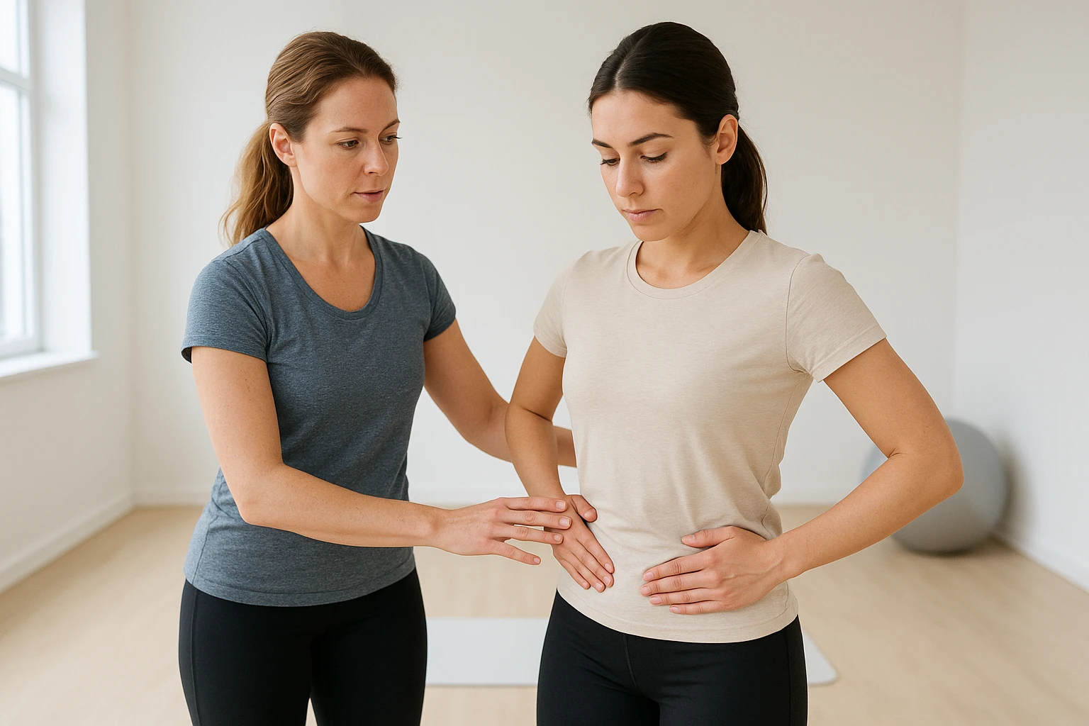 Ein realistisches Foto eines Trainers oder einer Trainerin, die einer Person im Stehen eine einfache &Uuml;bung zur Doppelaktivierung von Beckenboden und R&uuml;cken anleitet, beide konzentriert, aufrechte Wirbels&auml;ule, sanfte Bewegung, helle klinische Trainingsumgebung, nat&uuml;rliche Farben, ausgewogene Belichtung, keine Illustrationen, kein Text. 