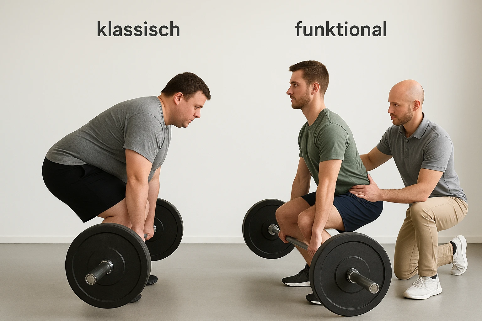 Fotorealistischer Vergleich zweier M&auml;nner (diverse K&ouml;rperformen) beim Kreuzheben: links klassische Technik mit sichtbarer Fehlhaltung, rechts korrigierte, r&uuml;cken- und beckenbodenschonende Technik unter Anleitung eines Therapeuten. Seitenansicht, neutrale Studioumgebung, klare Tageslicht-Farbtemperatur, nat&uuml;rliche Farben. Dynamische, realistische Bewegungssequenz, keine &uuml;bertriebenen Posen. Dezente Beschriftungen in Deutsch: &bdquo;klassisch&ldquo; / &bdquo;funktional&ldquo;.