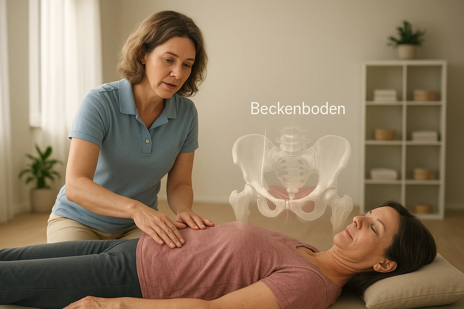 Fotorealistische Szene in einer Physiotherapiepraxis: eine physiotherapeutin (mittleren Alters, nat&uuml;rliches Aussehen) erkl&auml;rt einer liegenden Patientin (Frauen, ca. 40&ndash;55 Jahre) die Aktivierung des Beckenbodens. Patientin liegt auf einer &Uuml;bungsmatte, helle, warme Tageslichtbeleuchtung, ruhige Farbtemperatur, dezente Hand-on-Feedback-Position. Leicht transparente, realistische anatomische Einblendung des Beckens mit dem deutschen Beschriftungsetikett &bdquo;Beckenboden&ldquo; &uuml;ber dem Bereich (dezent, nicht dominant). Nat&uuml;rliche Hautt&ouml;ne, authentische Kleidung, beruhigende Atmosph&auml;re.