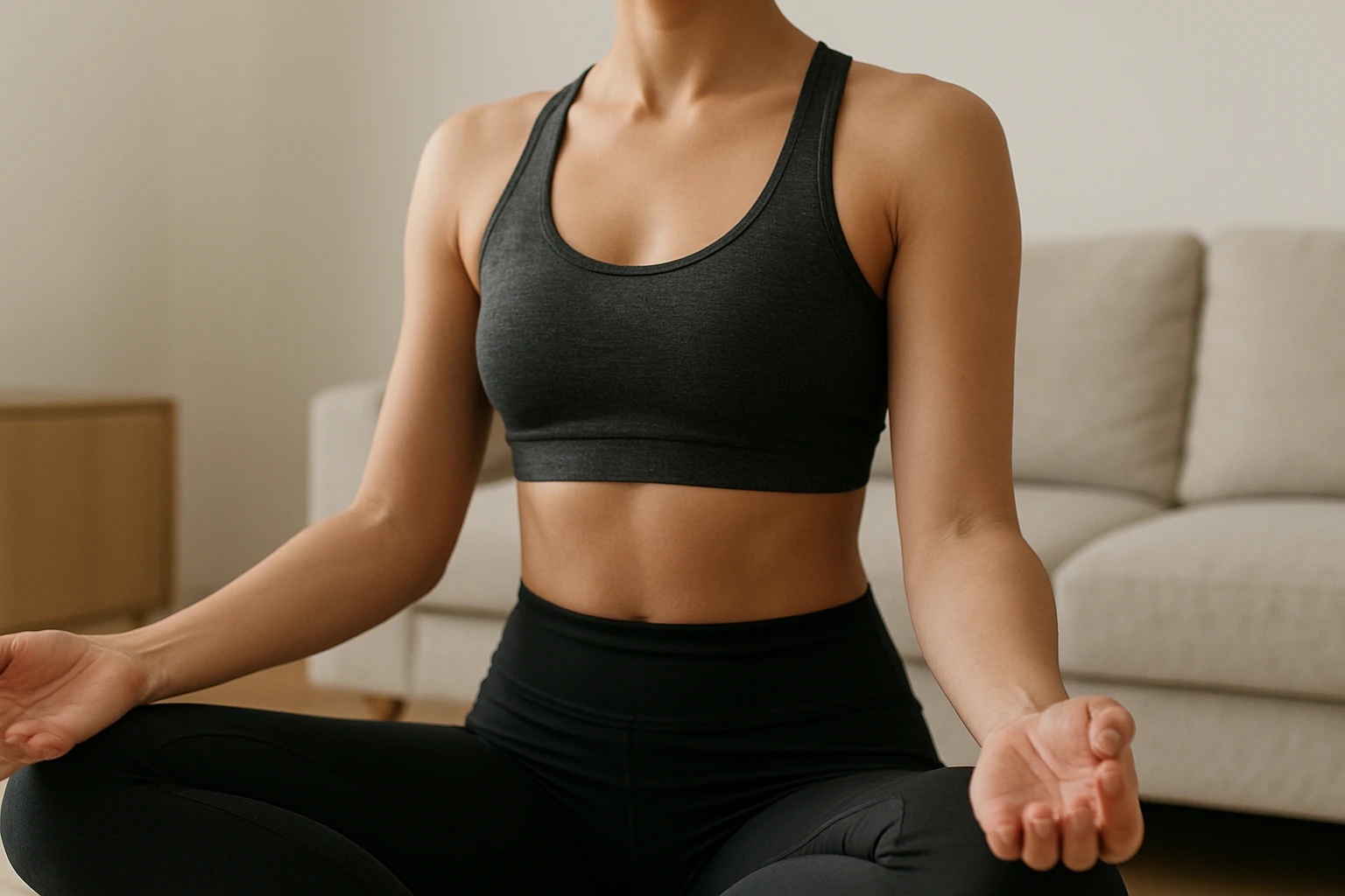 Ein nat&uuml;rliches, realistisch fotografiertes Detailbild von Oberk&ouml;rper und Becken einer Person in Sportkleidung bei einer ruhigen Atem&uuml;bung, dezente Muskelaktivierung im Rumpf, Fokus auf K&ouml;rperhaltung und Stabilit&auml;t, warmes, weiches Licht, neutrale Farbtemperatur, cleanes modernes Zuhause, ohne anatomische Zeichnungen oder Beschriftungen