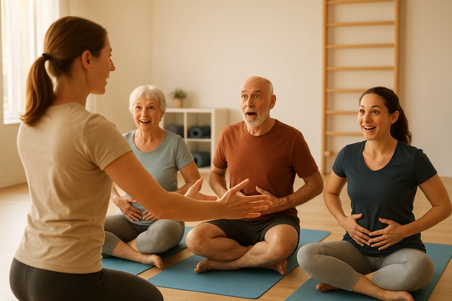 Gruppenszene in einem hellen Bewegungsraum: kleine gemischte Gruppe (verschiedene Altersgruppen und Geschlechter) bei einer kurzen &Uuml;bungsstunde f&uuml;r Beckenboden und R&uuml;cken. Instruktor zeigt eine einfache &Uuml;bung, Teilnehmer wirken aufmerksam und einige zeigen &uuml;berraschte, positive Reaktionen nach der ersten &Uuml;bung. Nat&uuml;rliche warme Beleuchtung, realistische fotoreportagehafte Aufnahme, freundliche, motivierende Stimmung.