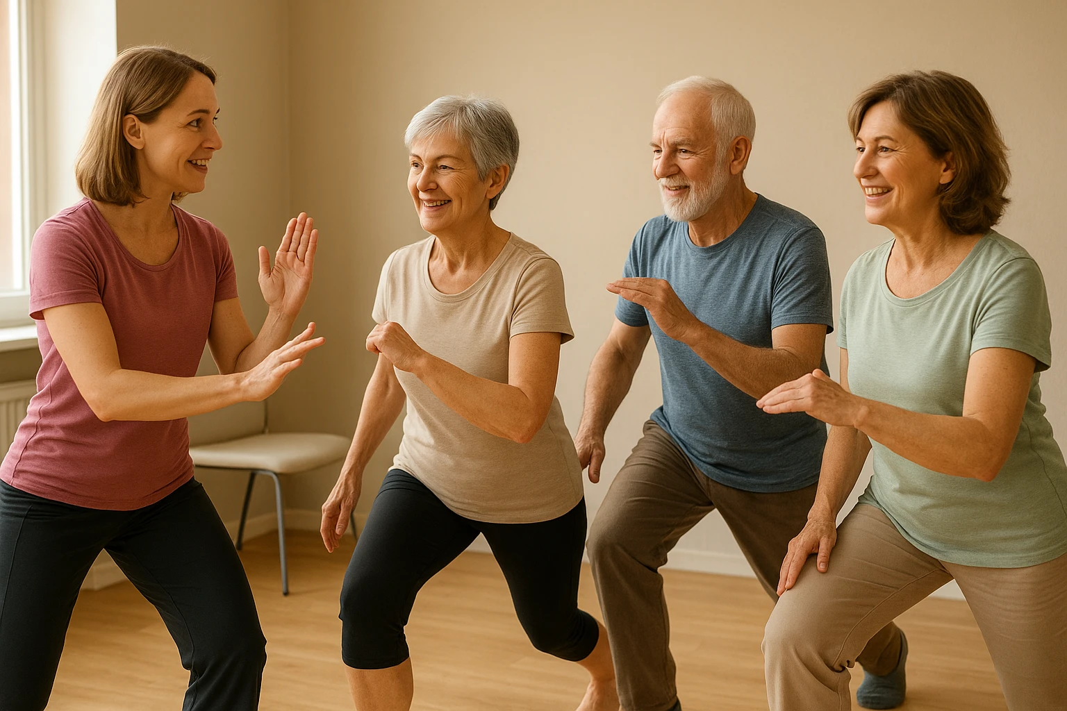 Alternativbild: dieselbe Gruppe, dieselbe Location, f&uuml;hrt integrierte funktionelle &Uuml;bungen unter Anleitung einer Therapeutin aus (Atmung, Haltung, dynamische Alltagsbewegungen). Positive K&ouml;rpersprache, warme Tageslicht-Farbtemperatur, nat&uuml;rliche Hautt&ouml;ne und realistische Texturen. Bild soll den Transfer in Alltagsbewegungen und die Bedeutung von Koordination zeigen.