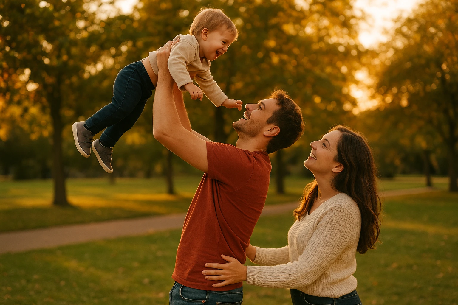 Alltagsintegration: Nat&uuml;rliches Au&szlig;enfoto eines jungen Paares, das ihr Kleinkind hochhebt und dabei bewusst den R&uuml;cken und Beckenboden stabilisiert &ndash; freundliche Parkumgebung bei goldener Stunde, warme, einladende Farben, dokumentarischer Stil, dynamische, reale Bewegung, 3:2 Format.