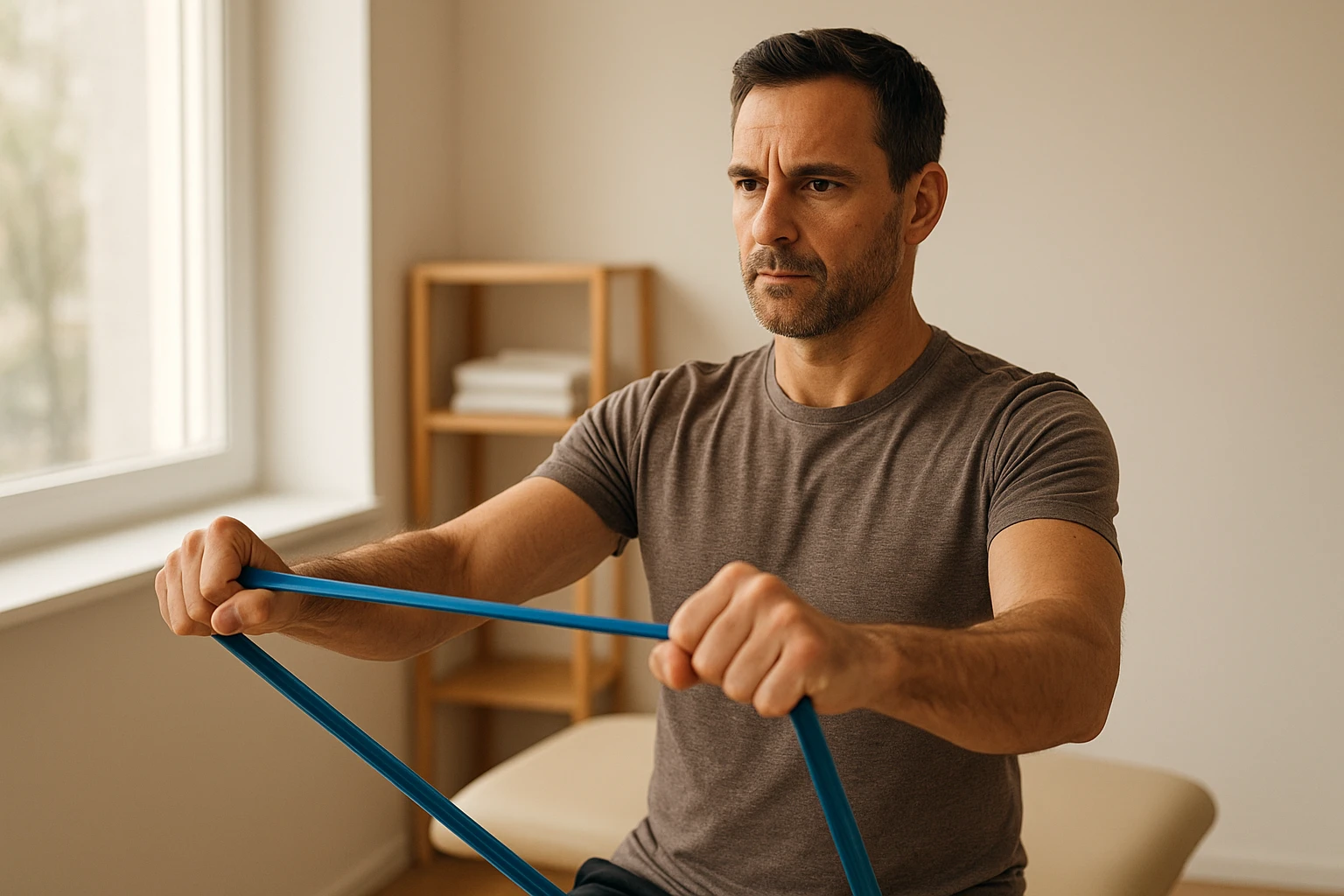 R&uuml;cken st&auml;rken mit Widerstandsband: Mann (35&ndash;60 Jahre) steht vor einem Fenster, f&uuml;hrt kontrollierte Ruderbewegung mit einem Widerstandsband aus, gerader R&uuml;cken, konzentrierter Ausdruck. Tageslicht, neutrale warme Farbt&ouml;ne, scharfe Details bei H&auml;nden und Band, leichte Bewegungsunsch&auml;rfe an den Armen, physiotherapeutisches Setting.