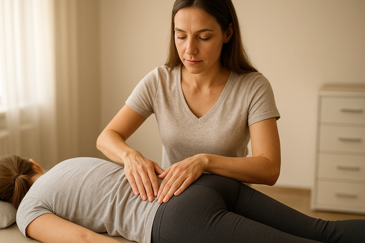 Physiotherapie-Szene Nahaufnahme: Realistisches Bild einer Therapeutin, die mit ruhiger, fachkundiger Hand die Becken- und Lendenregion einer Patientin anleitet (durch Kleidung, respektvoll und professionell), kliniknahes Interieur, diffuse Tageslicht-Beleuchtung mit warmer Farbtemperatur, intime, vertrauensvolle Atmosph&auml;re.