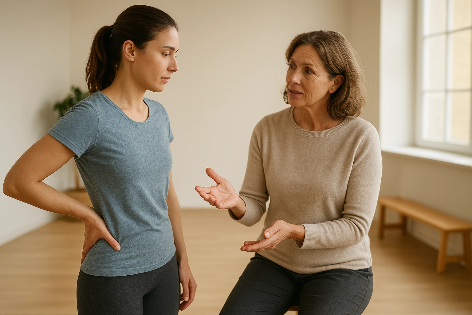 Fotorealistische Editorial-Aufnahme für einen Gesundheitsartikel: zwei Personen im Gespräch in einem hellen Bewegungsraum, eine zeigt mit ruhiger Gestik auf den unteren Rücken und das Becken der anderen Person, die aufmerksam zuhört. Fokus auf Körperwahrnehmung, Stabilität und Rückenbalance, natürliche Lichtstimmung, warm-neutraler Weißabgleich, realistische, unaufdringliche Atmosphäre.
