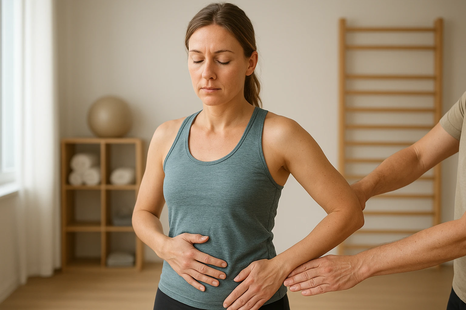 Fotorealistische Szene in einem hellen, modernen Physiotherapie- oder Bewegungsraum: eine erwachsene Frau in Sportkleidung steht aufrecht und konzentriert, während sie zwei sanfte Impulse gleichzeitig wahrnimmt – eine Hand auf dem unteren Rücken und eine zweite Hand in der Nähe des Beckens, ohne medizinische Eingriffe. Fokus auf Körperwahrnehmung, ruhige Mimik, natürliche Haltung, weiches Tageslicht, neutrale und warme Farbtöne, realistische Hauttöne, authentische Atmosphäre.