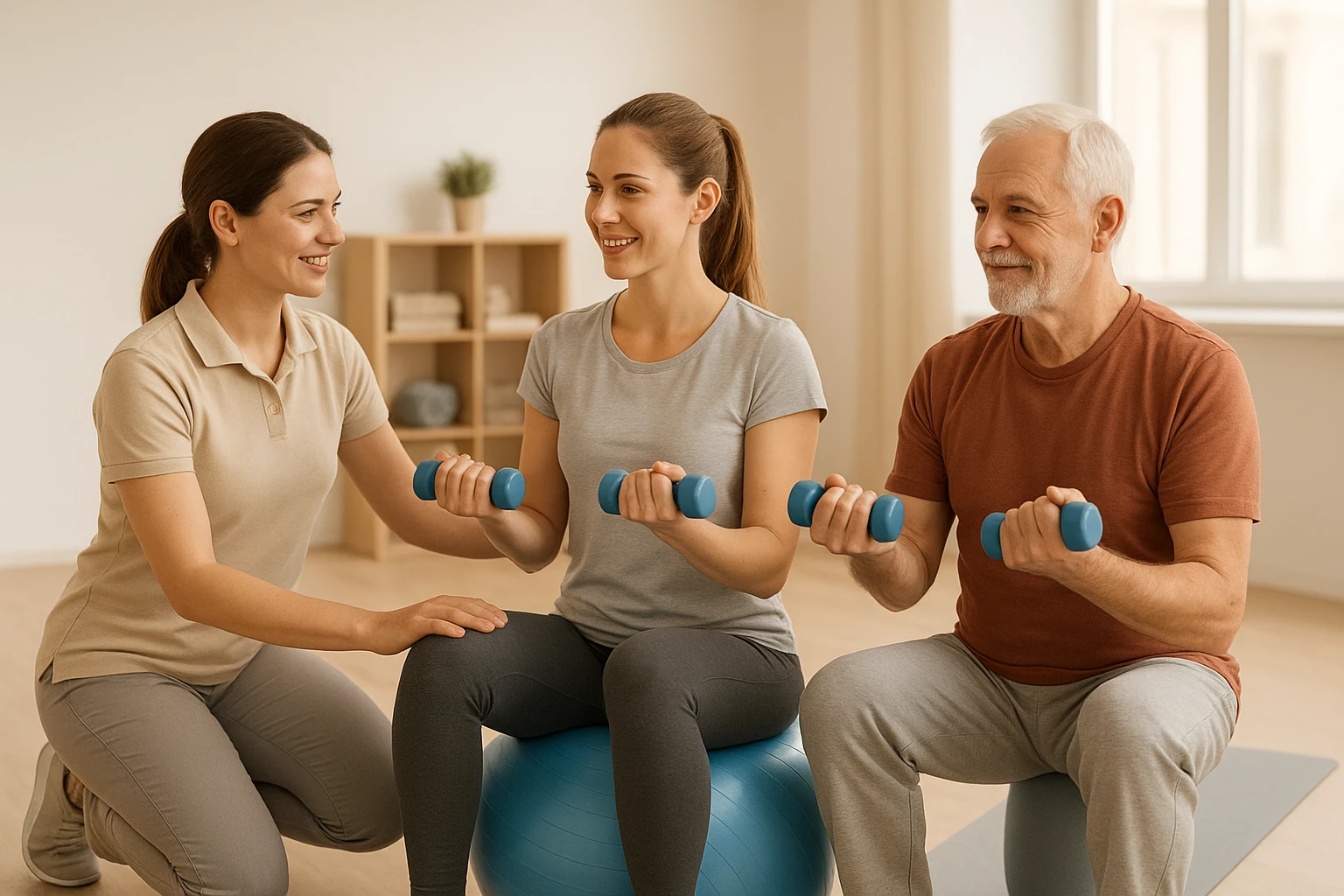 Kleingruppe im Physiotherapieraum: Zwei Frauen und ein Mann (verschiedene Altersgruppen) trainieren unter Anleitung einer Therapeutin mit Pezziball und kleinen Hanteln. Helle, freundliche Studioatmosph&auml;re, nat&uuml;rliche Farben, gleichm&auml;&szlig;ige, warme Beleuchtung, Fokus auf Zusammenarbeit und Anleitung, reale K&ouml;rpersprache.