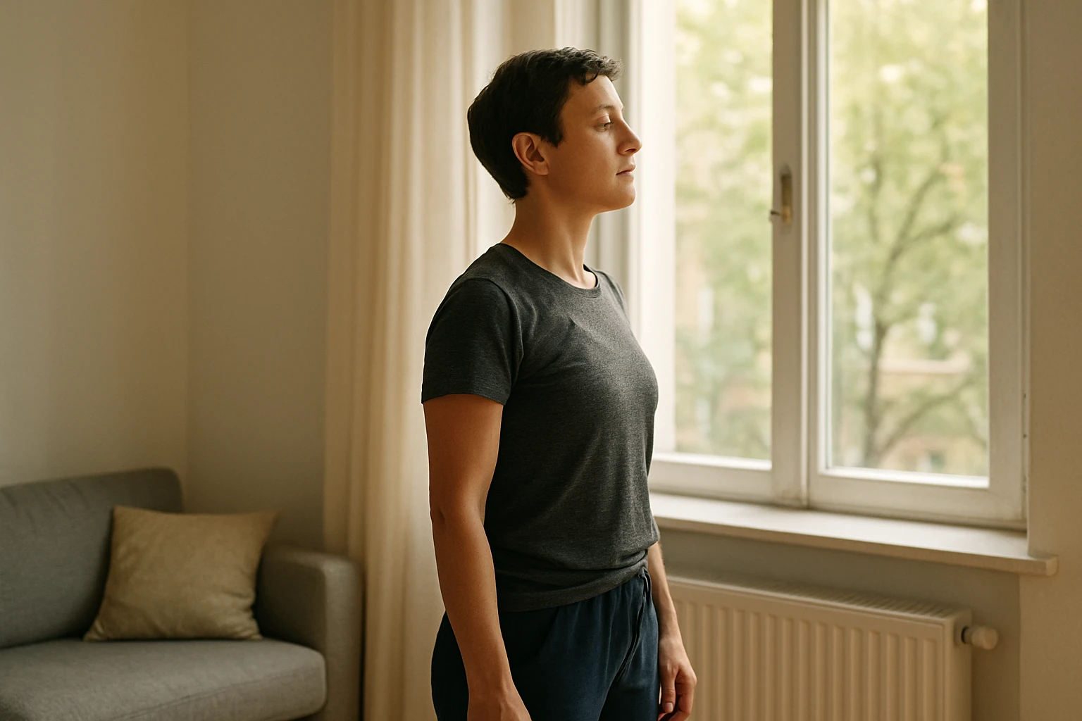 Realistische, natürliche Innenraumszene mit einer erwachsenen Person in Alltags-Sportkleidung vor einem großen Fenster: aufrechte Körperhaltung, bewusste Atmung, leichte Spannung und Entspannung im Rücken- und Beckenbereich sichtbar vermittelt. Bild erzählt die Idee, dass zwei gezielte Reize eine neue Wahrnehmung schaffen können, harmonische Farben, weiches warmes Licht, authentisch und ungestellt.
