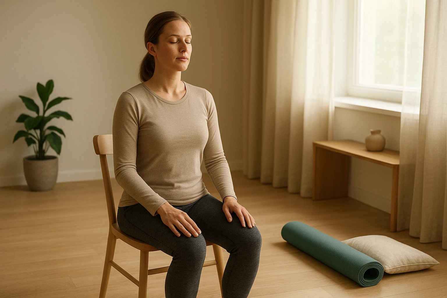 Fotorealistisches, ruhiges Lifestyle-Bild f&uuml;r einen Artikel &uuml;ber Beckenboden und unteren R&uuml;cken: eine erwachsene Person sitzt aufrecht auf einem Stuhl und atmet bewusst, neben ihr liegt eine Yogamatte und ein Kissen, Symbol f&uuml;r Achtsamkeit und Rumpfstabilit&auml;t, helles, warmes Tageslicht, nat&uuml;rliche Farben, realistische Umgebung, kein Text.