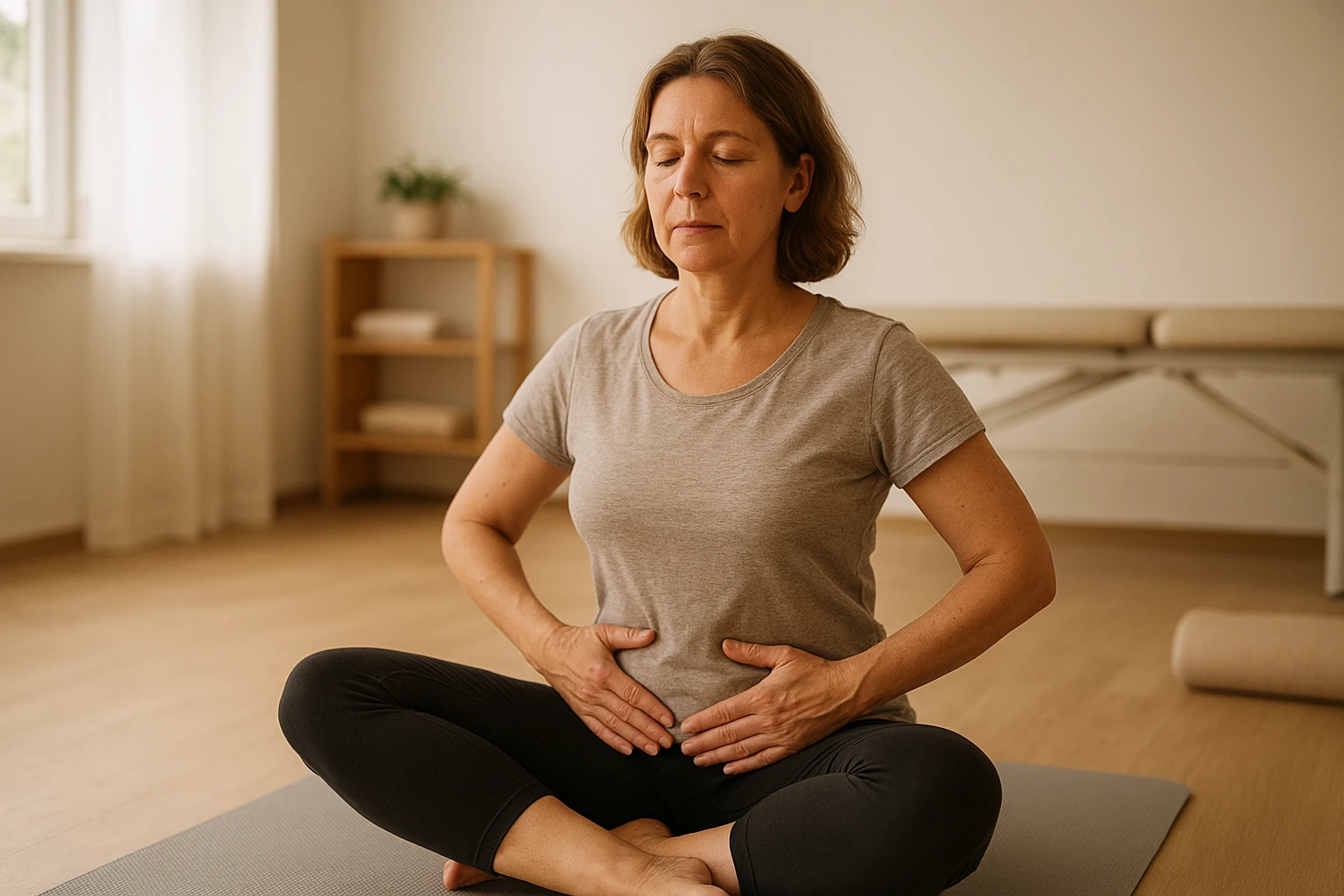 Nat&uuml;rliche, realistische Szene in einem hellen Physiotherapie-Studio: eine erwachsene Frau mittleren Alters sitzt auf einer Matte und f&uuml;hrt eine sanfte, angeleitete Beckenboden- und R&uuml;cken&uuml;bung aus, entspannte Haltung, aufmerksamer Gesichtsausdruck, weiches Tageslicht, neutrale warme Farbtemperatur, dokumentarischer Stil, hohe Bildqualit&auml;t