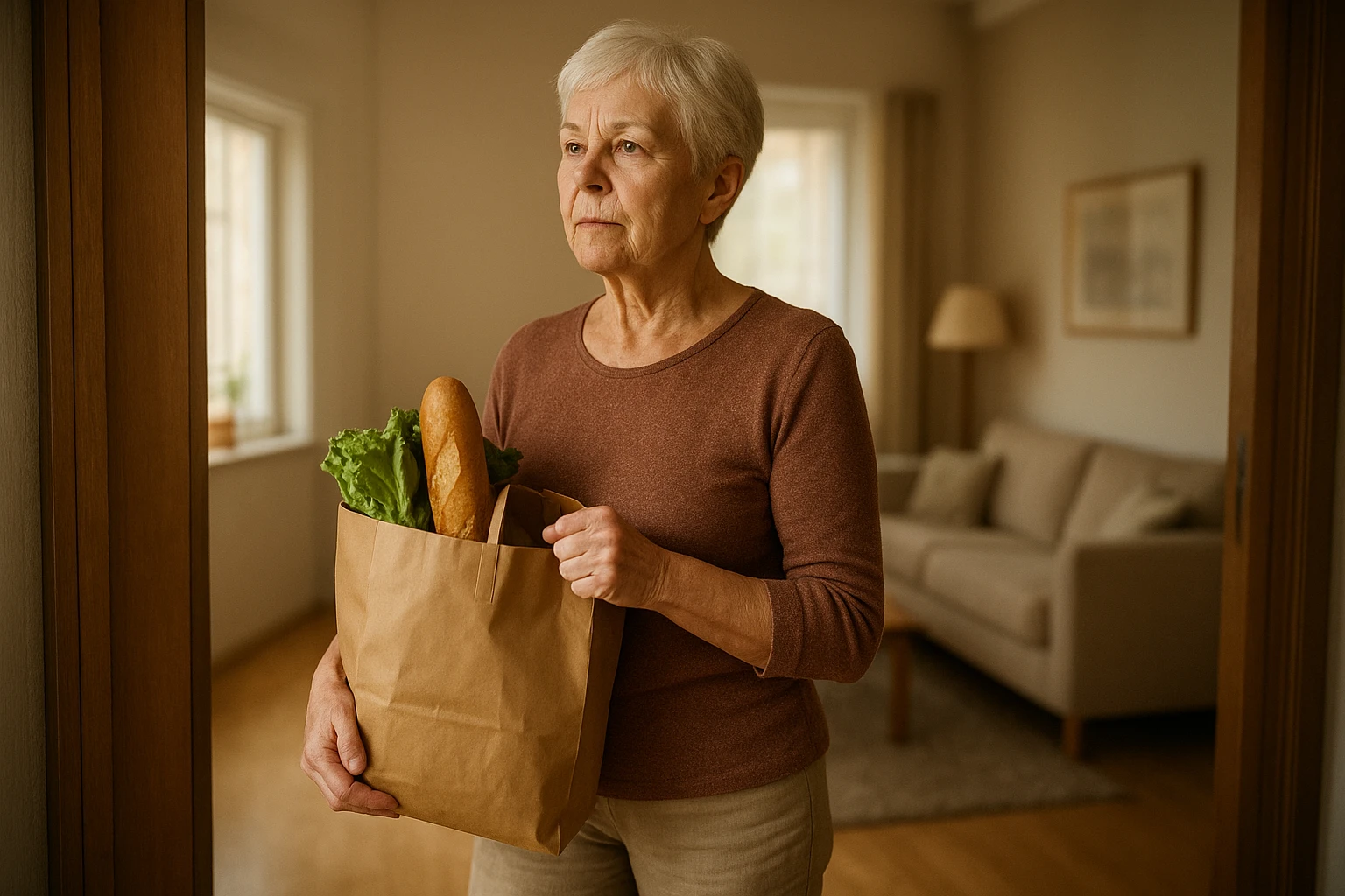 Fotorealistisches Alltagsbild: &auml;ltere Frau (60&ndash;75 Jahre) hebt eine Einkaufstasche im Flur ihres Hauses mit korrekter Haltung und sichtbarer Rumpfspannung; Wohnzimmerumgebung, warme, nat&uuml;rliche Lichtstimmung, realistische Details (Texturen, Kleidung). Bildtextvorschlag in Deutsch (sehr dezent): &bdquo;Funktional im Alltag&ldquo;. Ziel: zeigen, wie Trainingsprinzipien in Alltag &uuml;bersetzen.