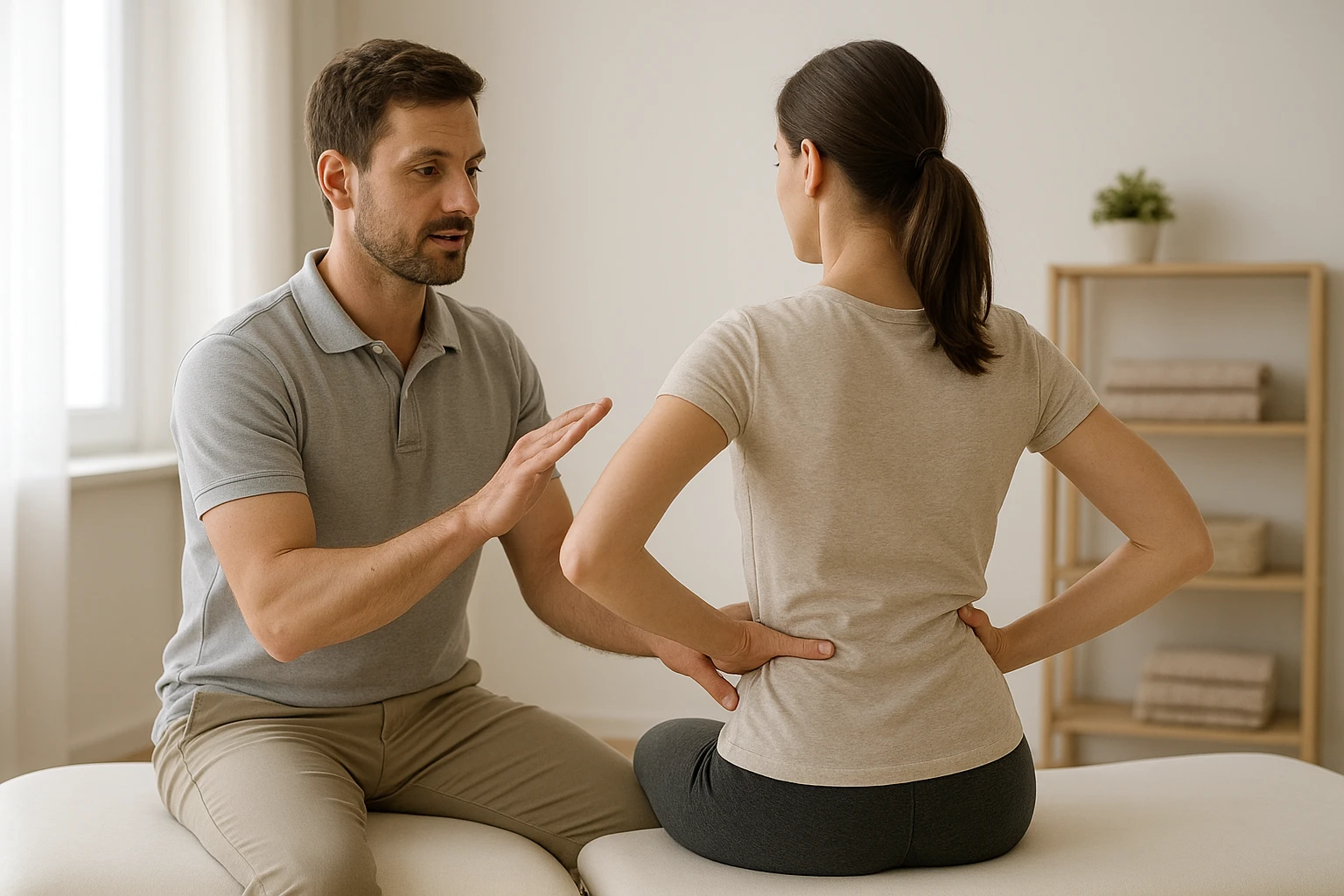 Authentisches, nat&uuml;rliches Bild eines Physiotherapeuten, der einer Patientin in einem hellen Behandlungsraum eine einfache R&uuml;cken- und Beckenboden&uuml;bung erkl&auml;rt, respektvolle Distanz, professionelle Atmosph&auml;re, warme neutrale Lichttemperatur, realistisch und unaufdringlich