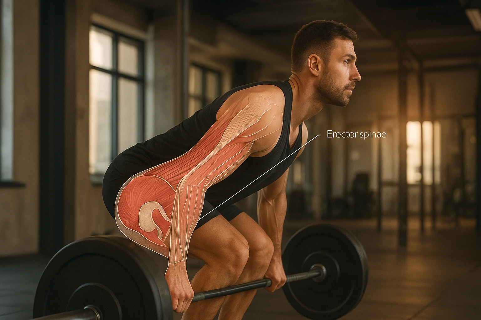 Anatomie-Overlay im Fitness-Kontext: Realistisches Foto eines athletischen Mannes beim Kreuzheben in einem modernen Fitnessstudio, halbtransparente, medizinisch korrekte Illustration der Beckenbodenmuskulatur und R&uuml;ckenstrecker (Erector Spinae) &uuml;berlagert das Foto, klare Linien, warme Beleuchtung, sachlicher, edukativer Look, 16:9 Format.