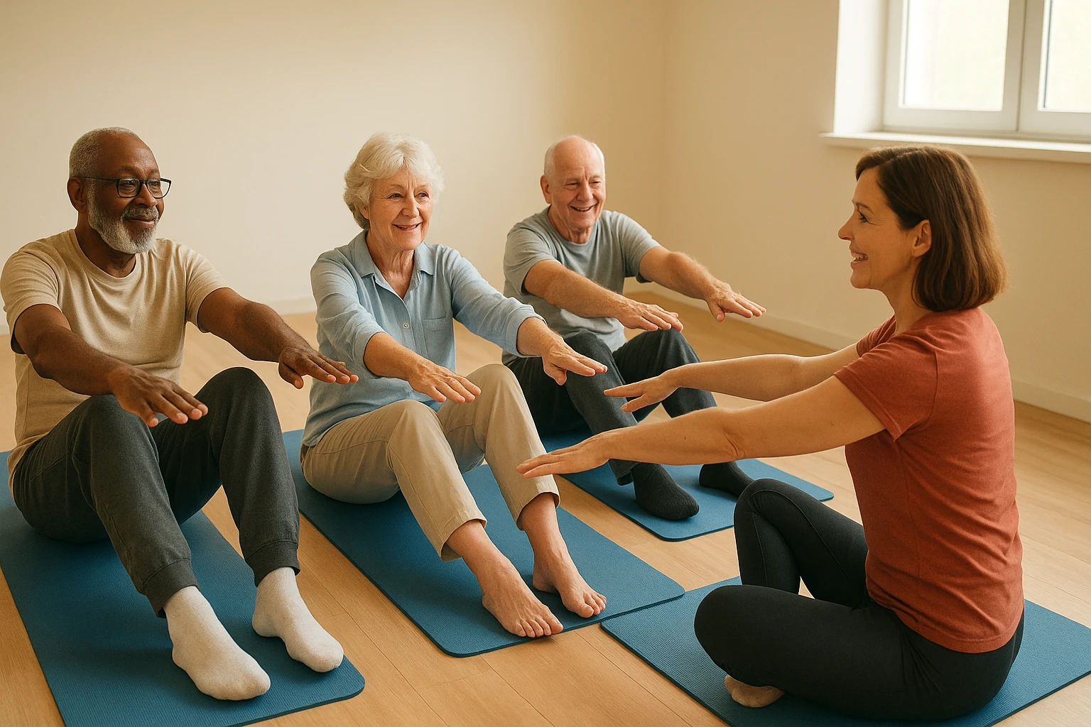 Gruppenkurs f&uuml;r &auml;ltere Erwachsene: Nat&uuml;rliches Foto einer gemischten Seniorengruppe auf Matten in einem hellen Kursraum, Trainer zeigt funktionelle Balance- und Beckenboden-freundliche &Uuml;bungen, warme, freundliche Farbtemperatur, inklusiv und ermutigend, dokumentarischer Stil, 16:9 Format.