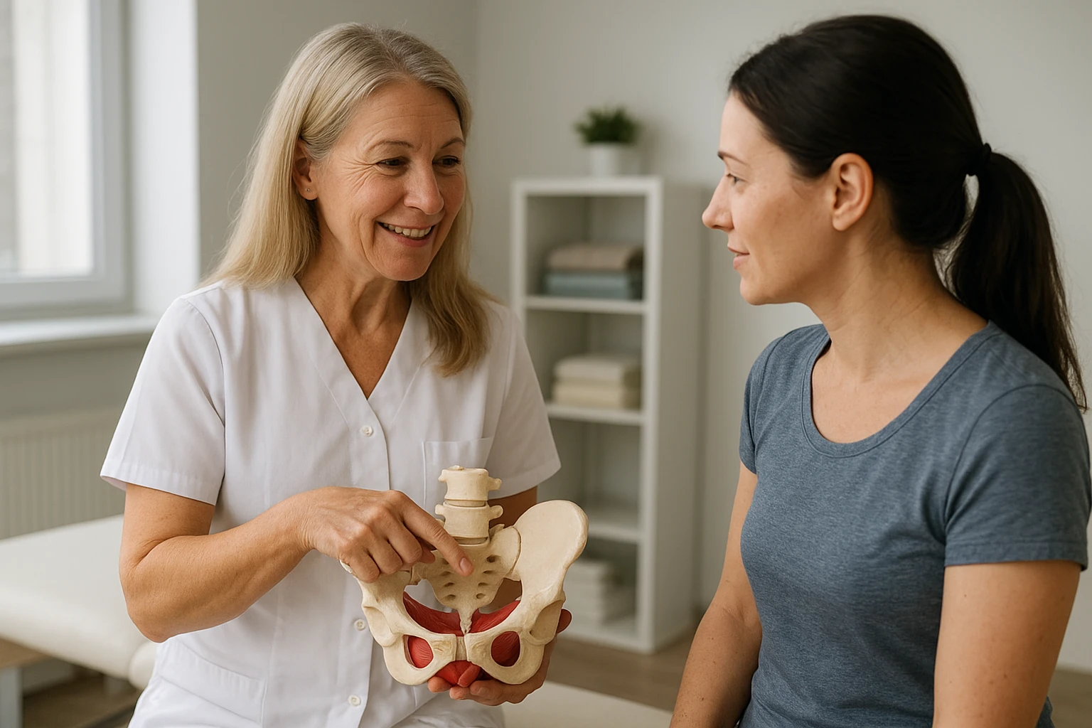 Eine realistische Szene in einer modernen Physiotherapie-Praxis: eine erfahrene Physiotherapeutin erkl&auml;rt einer erwachsenen Frau anhand eines anatomischen Modells, wie Beckenboden, tiefe Bauchmuskeln und R&uuml;cken zusammenarbeiten. Nat&uuml;rliche K&ouml;rperhaltung, freundliche Atmosph&auml;re, weiches Tageslicht, realistische Hautt&ouml;ne, hochwertige Reportage-Fotografie.