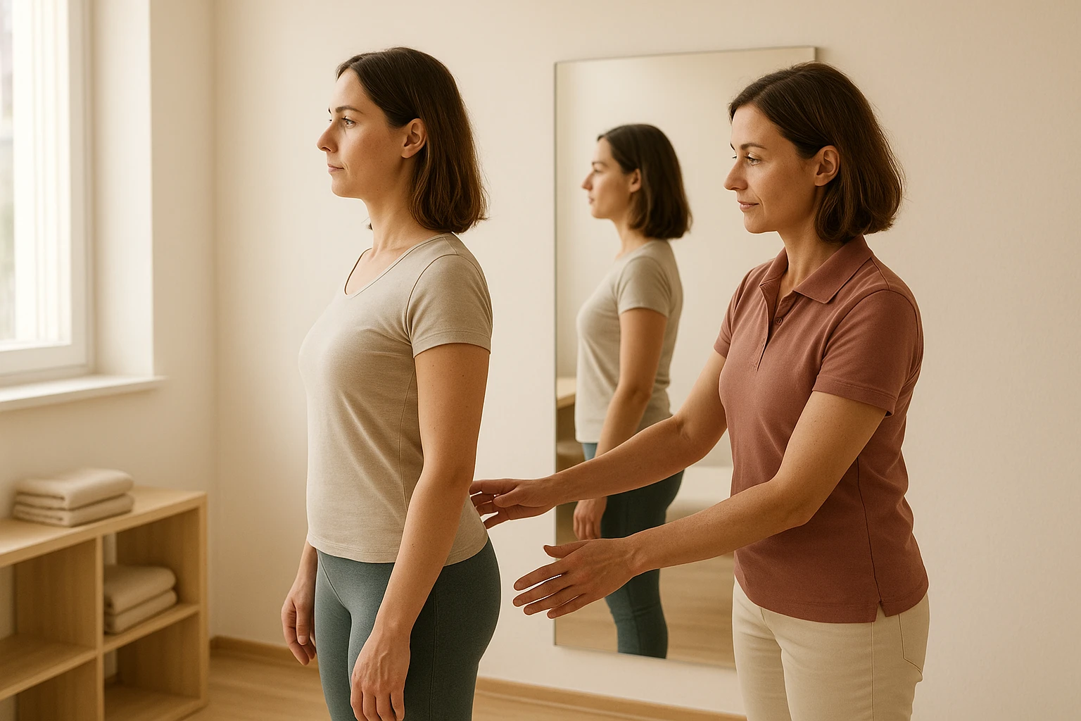 Eine physiotherapeutische Einzelberatung in einem hellen Behandlungsraum: eine Patientin steht seitlich vor einer Therapeutin, beide betrachten ihre aufrechte Haltung im Spiegel. Die Szene zeigt die Verbindung von Beckenboden, R&uuml;cken und Atmung bei einer funktionellen &Uuml;bung, realistische Menschen, nat&uuml;rliche Proportionen, warme, ausgewogene Farbtemperatur.
