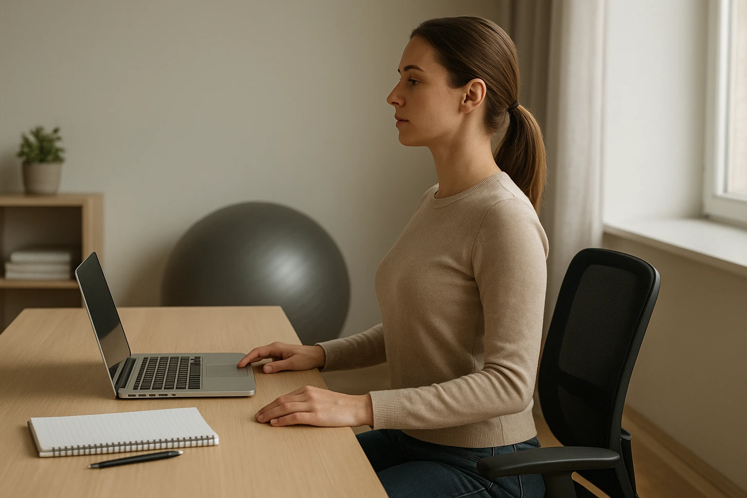 Ein ruhiges, authentisches Bild aus dem Alltag: eine Person sitzt am Schreibtisch und richtet bewusst die Haltung auf, w&auml;hrend im Hintergrund ein leicht angedeutetes R&uuml;cken- und Core-Trainingsband oder Gymnastikball steht. Das Motiv vermittelt, dass isoliertes Training im Alltag oft nicht reicht, realistische B&uuml;roszene, nat&uuml;rliches Licht, unaufdringliche Farben.