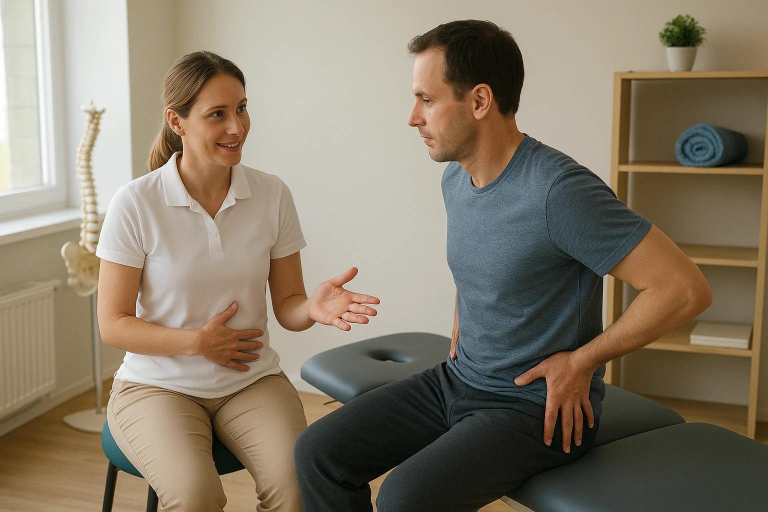 Realistische Szene in einer Physiotherapiepraxis: eine Physiotherapeutin erkl&auml;rt einem Patienten einfache &Uuml;bungen zur St&auml;rkung von Beckenboden und R&uuml;cken nach k&ouml;rperlicher Belastung, freundliche Atmosph&auml;re, medizinisch glaubw&uuml;rdig, nat&uuml;rliche Hautt&ouml;ne, ausgewogene Farbtemperatur, dokumentarischer Stil, kein Text