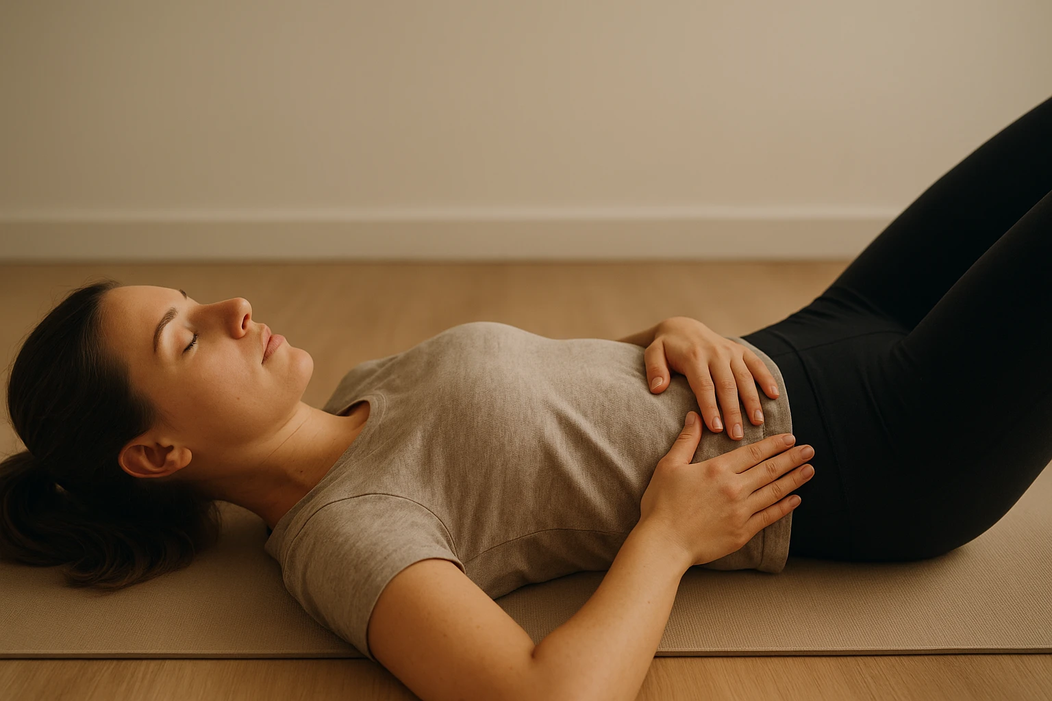 Realistische Nahaufnahme einer Frau, die in R&uuml;ckenlage auf einer Matte achtsam eine Atem- und Aktivierungs&uuml;bung f&uuml;r den Beckenboden ausf&uuml;hrt, H&auml;nde auf dem Bauch, ruhige Konzentration, neutrale Hintergrundgestaltung, warme aber nat&uuml;rliche Lichtstimmung, professioneller Gesundheitsartikel-Stil, kein Text, kein &uuml;bertriebener Fitness-Look